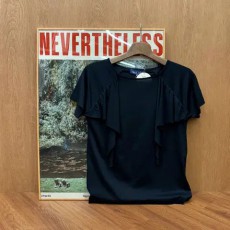 미스 끌로에 코튼 라운드넥 블라우스 래글런 러플 드레이프 디테일 블랙